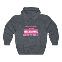 Load image into Gallery viewer, TELLEMUNC SUPPRESSION CAUSES DEPRESSION Unisex Heavy Blend™ Hooded Sweatshirt